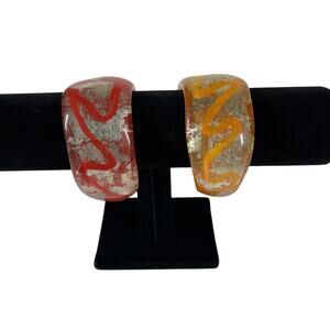 Resin Bangle Bracelets Womens Set of 2 Red Orange Silver Foil Wide Chunky Style
